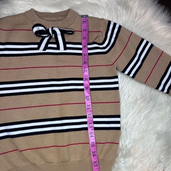 Girls striped printed beige/black/burgundy/ white striped bow tie sweater - Picture 4 of 5